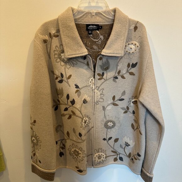 Icelandic Design Tan Floral Zip Up Wool Sweater Size XL - Picture 1 of 3
